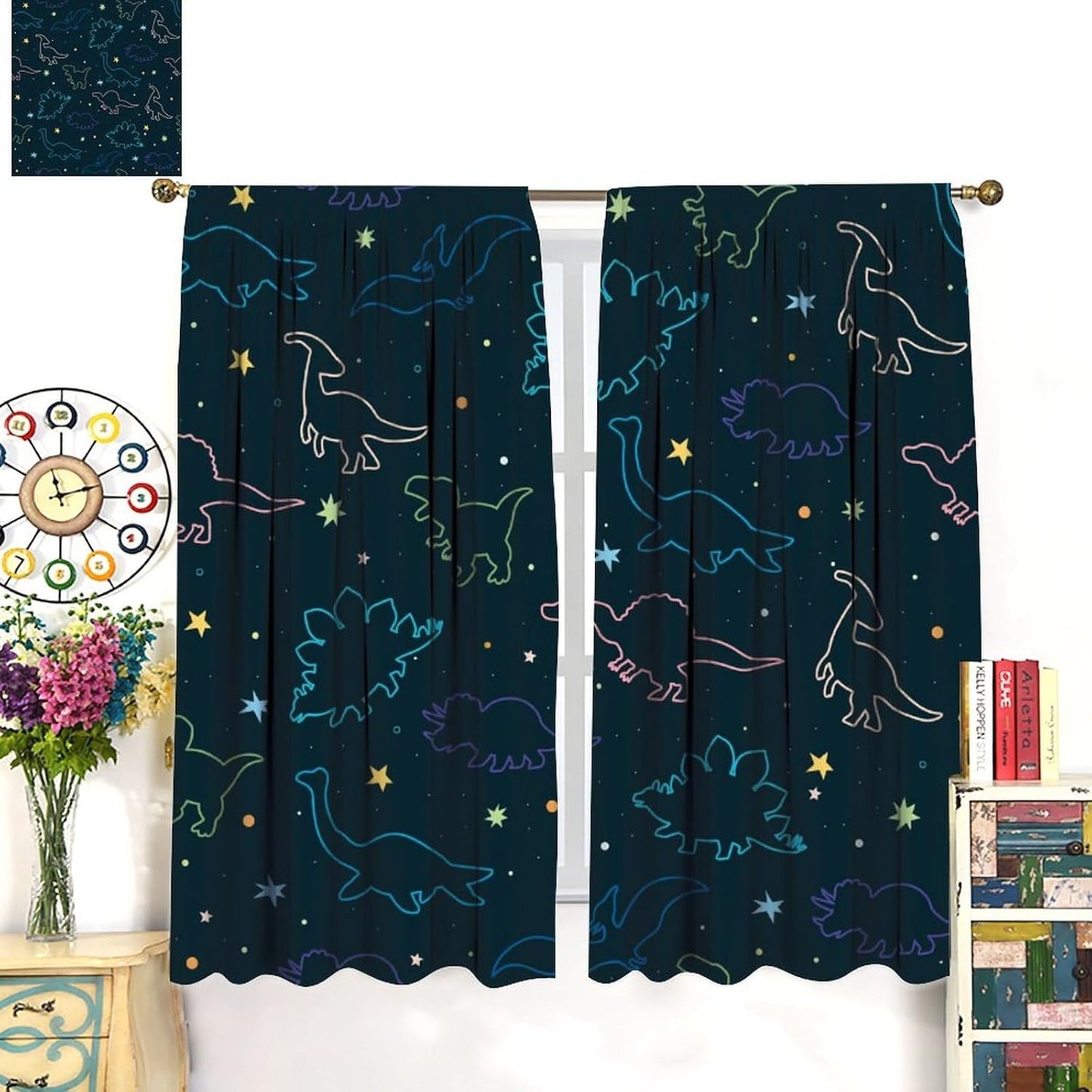 Cartoon Colorful Dinosaur Curtains for Kids Boys Girls Home Decor, Astronaut Funny Outer Space Star Blackout Rod Pocket Window Drapes for Bedroom Living Room W21xL54in 2 Panels