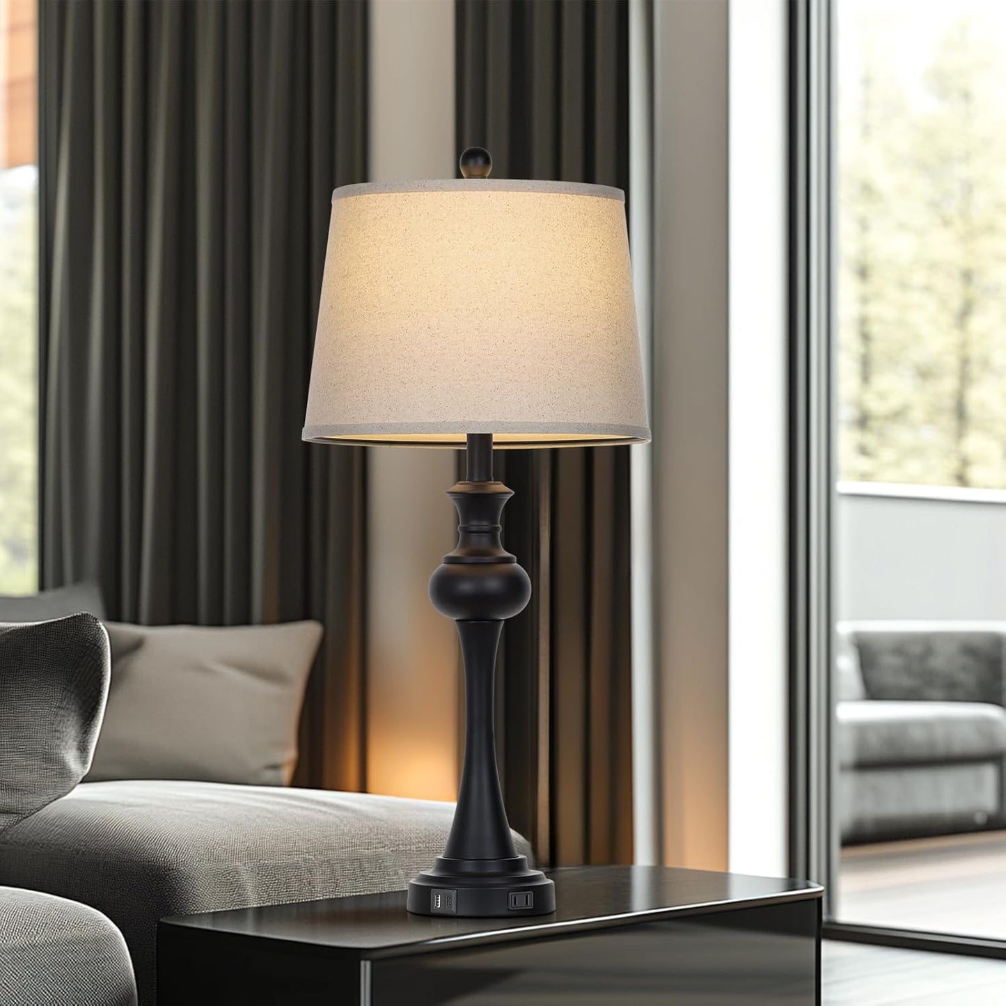 28.75'' Modern Black Metal Table Lamps Living Room Lamp for Nightstand Bedside End Lamp Home Decor Touch Lamp Modern Lamps with USB A+C Ports & Outlets （Bulb Included）