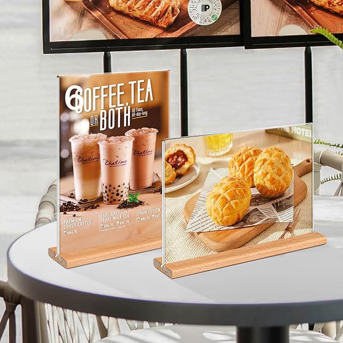 Kersally Acrylic Sign Holder 7 x 5'', 4 Pack Double-Sided Clear Table Display Stands with Wood Base,Horizontal Acrylic Frame Menu Flyer Paper Holder for Store, Restaurant, Hotel, Office, Show Fair