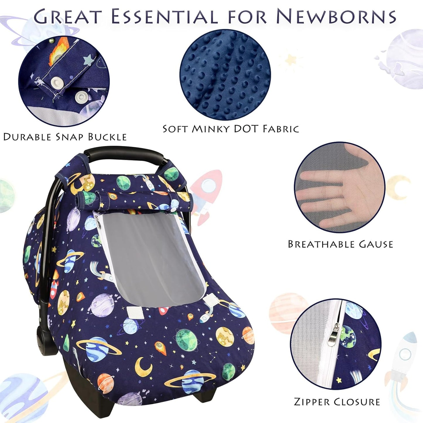 Baby Carseat Cover Winter, Pea Pod Infant Car Seat Covers Canopy for Newborn with 2 Layers Windows of Breathable Mesh/Fabric, Lightweight Polyester/Minky Dot Backing, Snug Fit Most Baby Car Seat