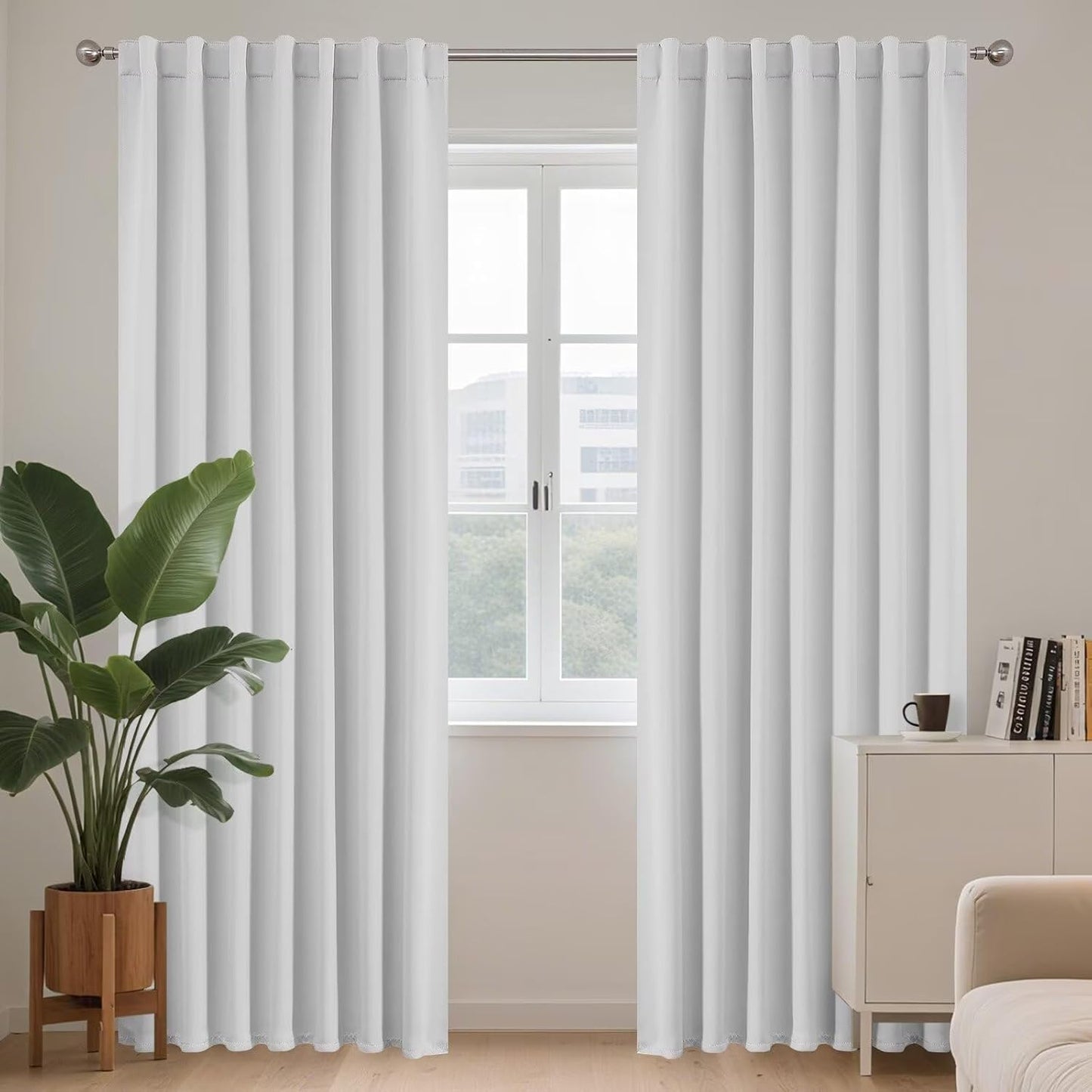 Joydeco 108 Inch 60% Blackout White Curtains 2 Panels,Elegant Soft Sheer Curtains for Bedroom,Thermal Insulated Black Out Drapes for Living Room,Rod Pocket Back Tab Drapes(W37xL108 Inch,Greyish White)