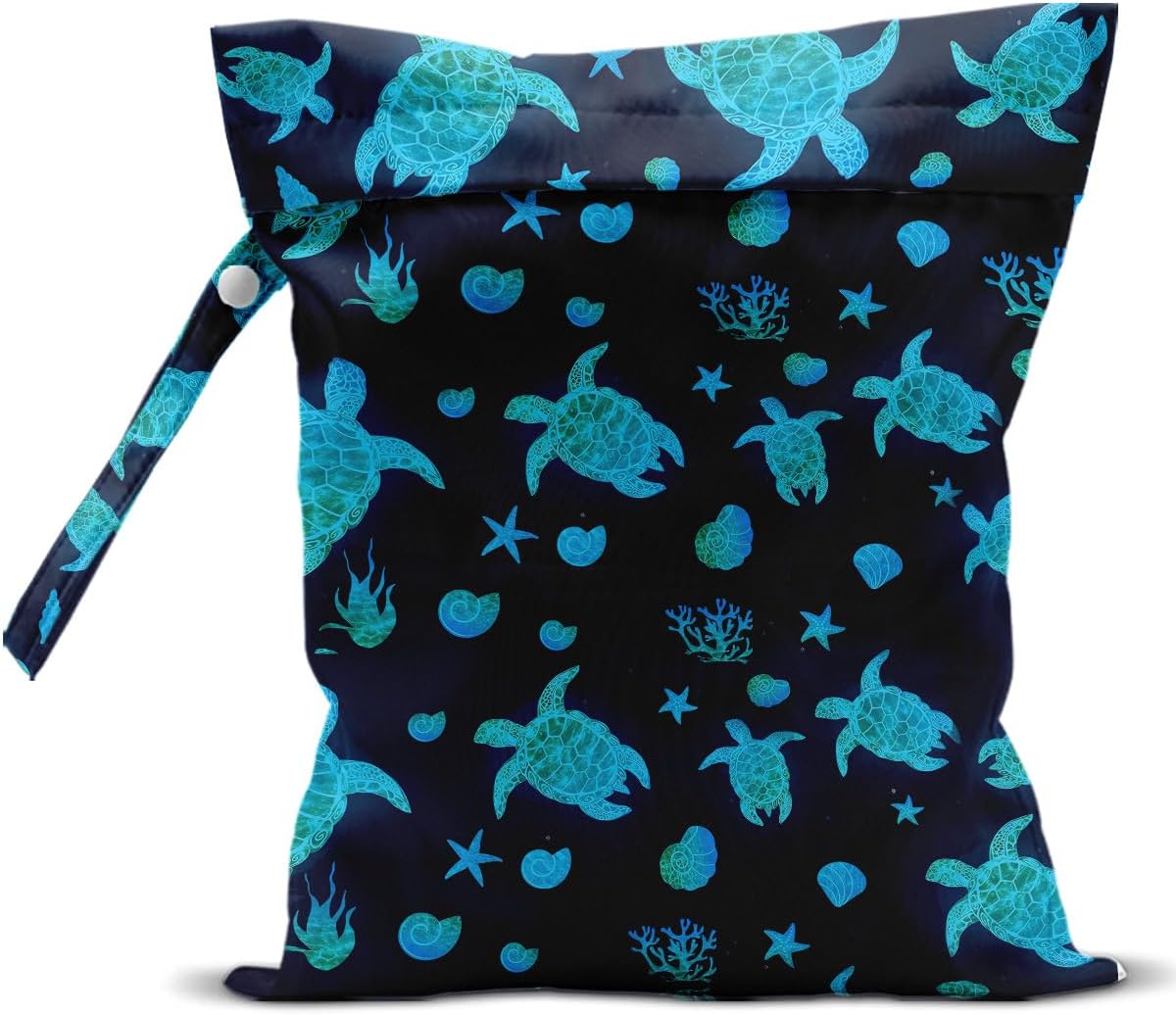 Waterproof Wet Bag for Swimsuit, Travel Beach Wet Dry Bag, Hidden Zipper Reusable Starfish Baby turtle Wet Bags, for Travel Beach Wet Swimsuits Toiletries Diapers Dirty Gym Clothes Laundry Bag
