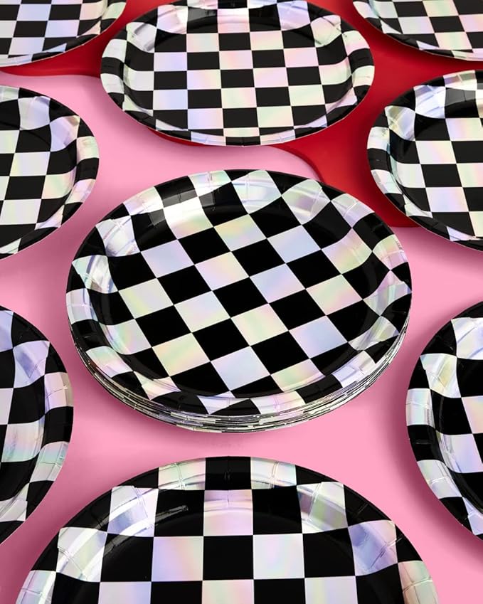 xo, Fetti Black and Iridescent Checker Paper Plates - 25 pack | Happy Birthday Party Decorations, Cute Bachelorette Party, Cool Cake Plates, Checker Disposable Party Plates