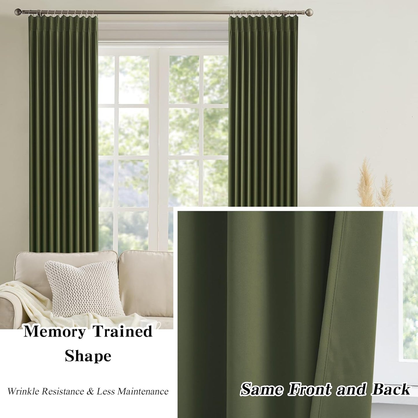 KEQIAOSUOCAI Dark Olive Green Blackout Curtains 102 Inches Long, Christmas Home Decoration Pinch Pleated Room Darkening Drapes for Bedroom Living Room,40" W x 102" L,2 Panels