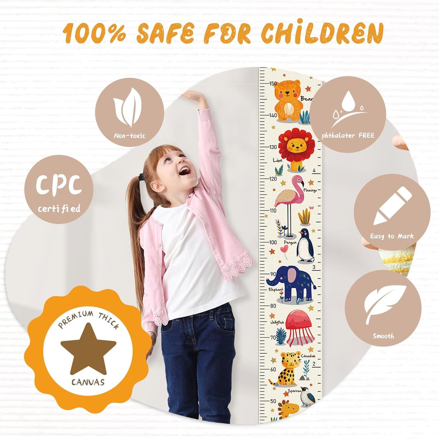 Personalized Name Growth Chart Wall Decor for Kids – Canvas Removable Height Chart Measuring Ruler 59" x 7.9" （Animals）