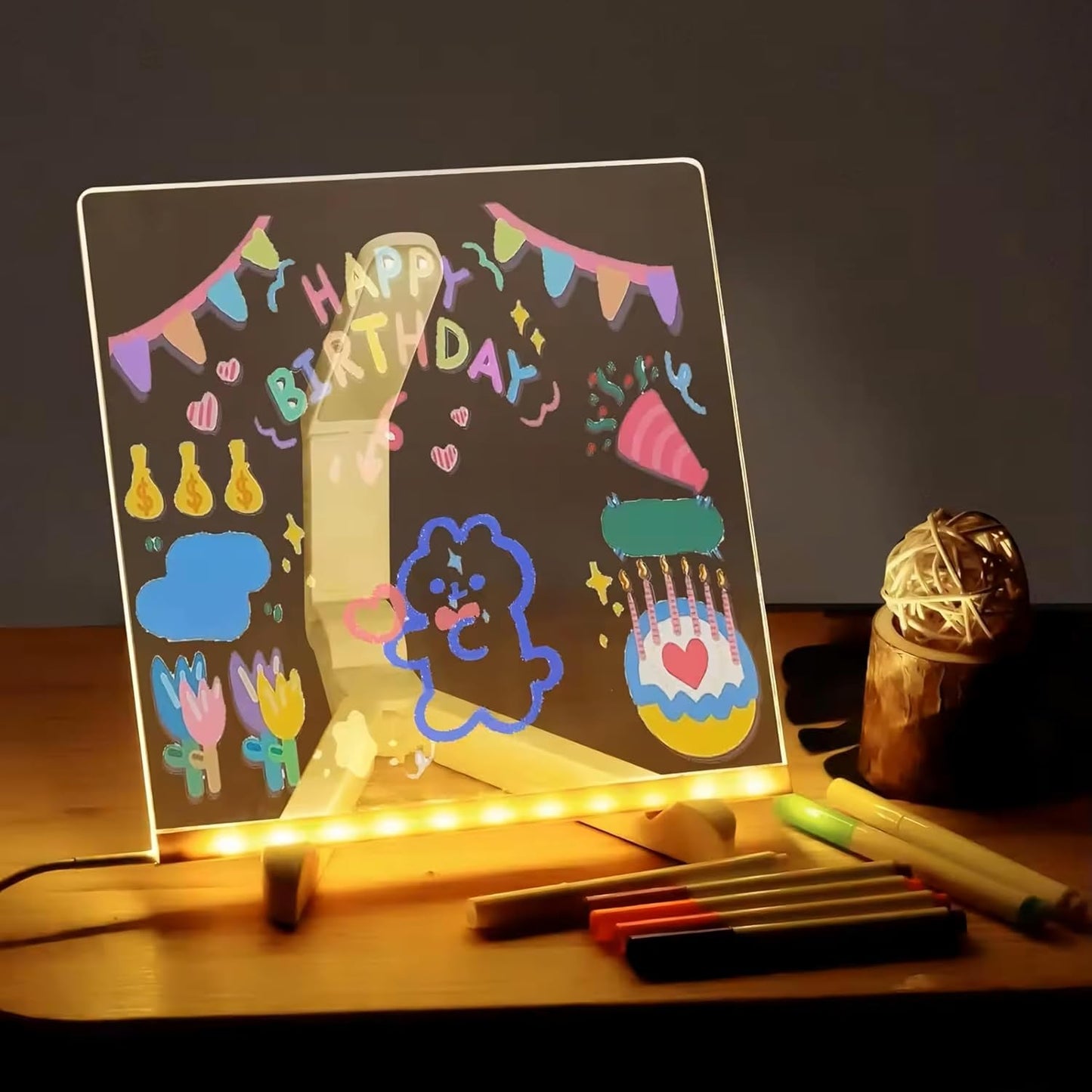 Small Acrylic Dry Erase Board with Light Light up Drawing Board with Stand as a Glow Memo LED Letter Message Board Note Glass Led Board White Board with 7 Pen for Office School Home (Small)