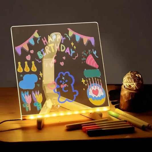 Small Acrylic Dry Erase Board with Light Light up Drawing Board with Stand as a Glow Memo LED Letter Message Board Note Glass Led Board White Board with 7 Pen for Office School Home (Small)