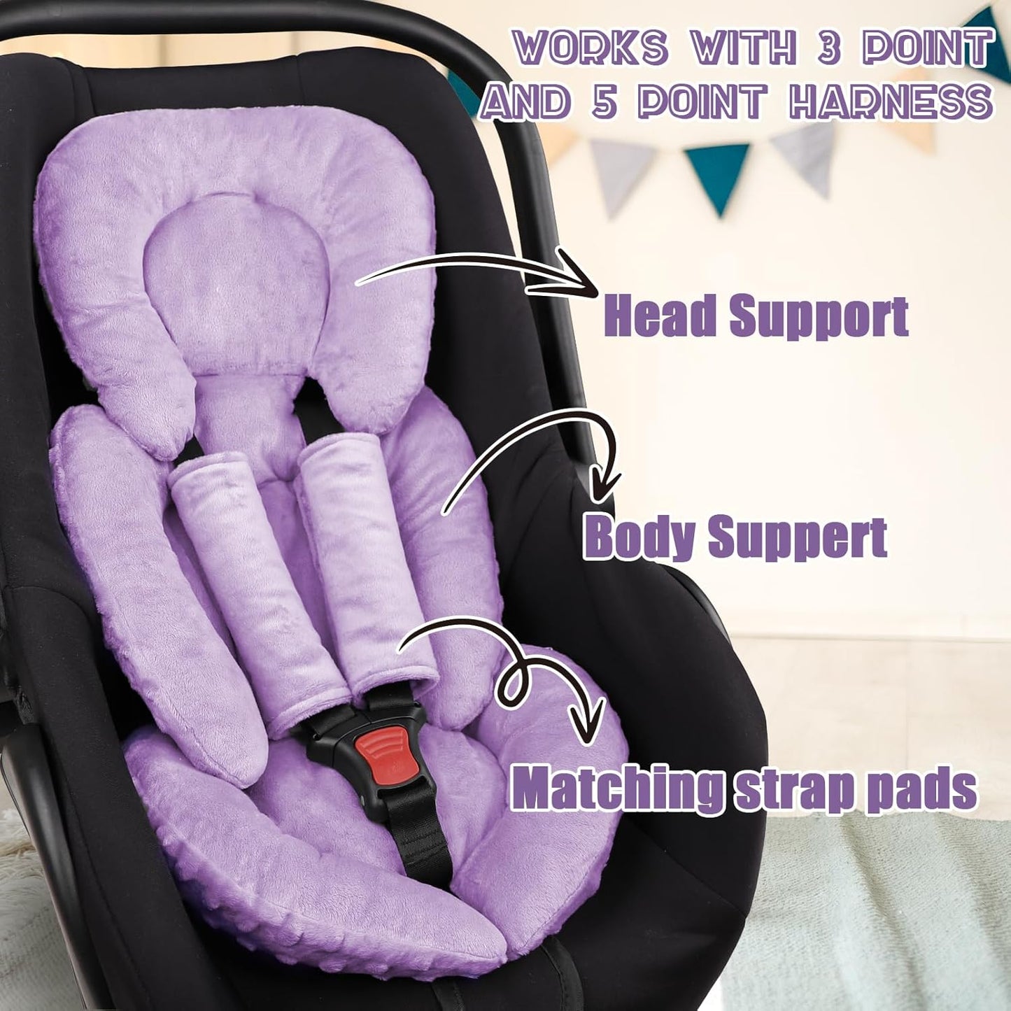 Infant Car Seat Insert Head and Body Support, GFU Reversible Newborn Insert for Carseat with Strap Pads, Soft Stroller Cushion Pillow Insert for Boys and Girls, Fits for Stroller, Swing, Purple
