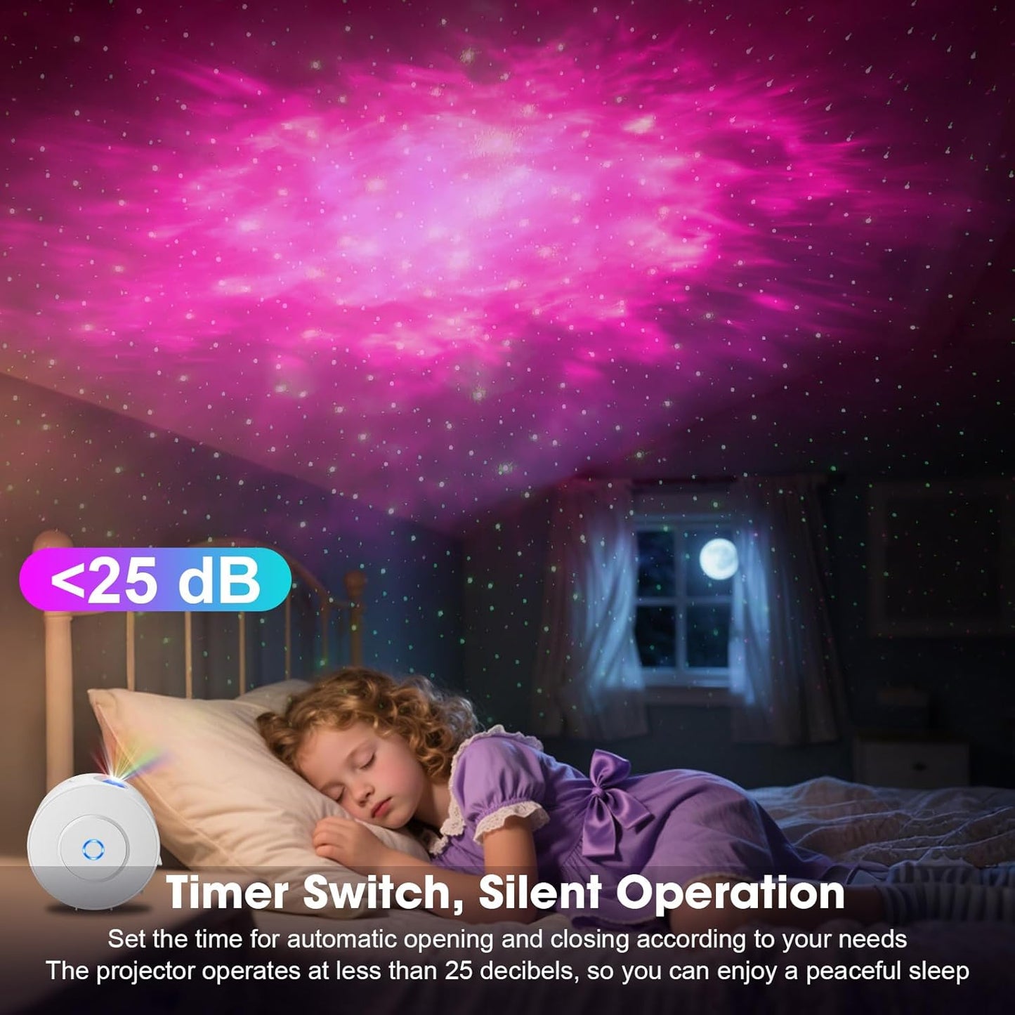 Laser Safety Certified Starry Sky Projector, 3+1 Control Modes 16M Color Adjustable Nebula via Mobile App, 900 Sq.ft Coverage, 4 Custom Scenes, 25dB Silent Operation with 4 Positioning Angles