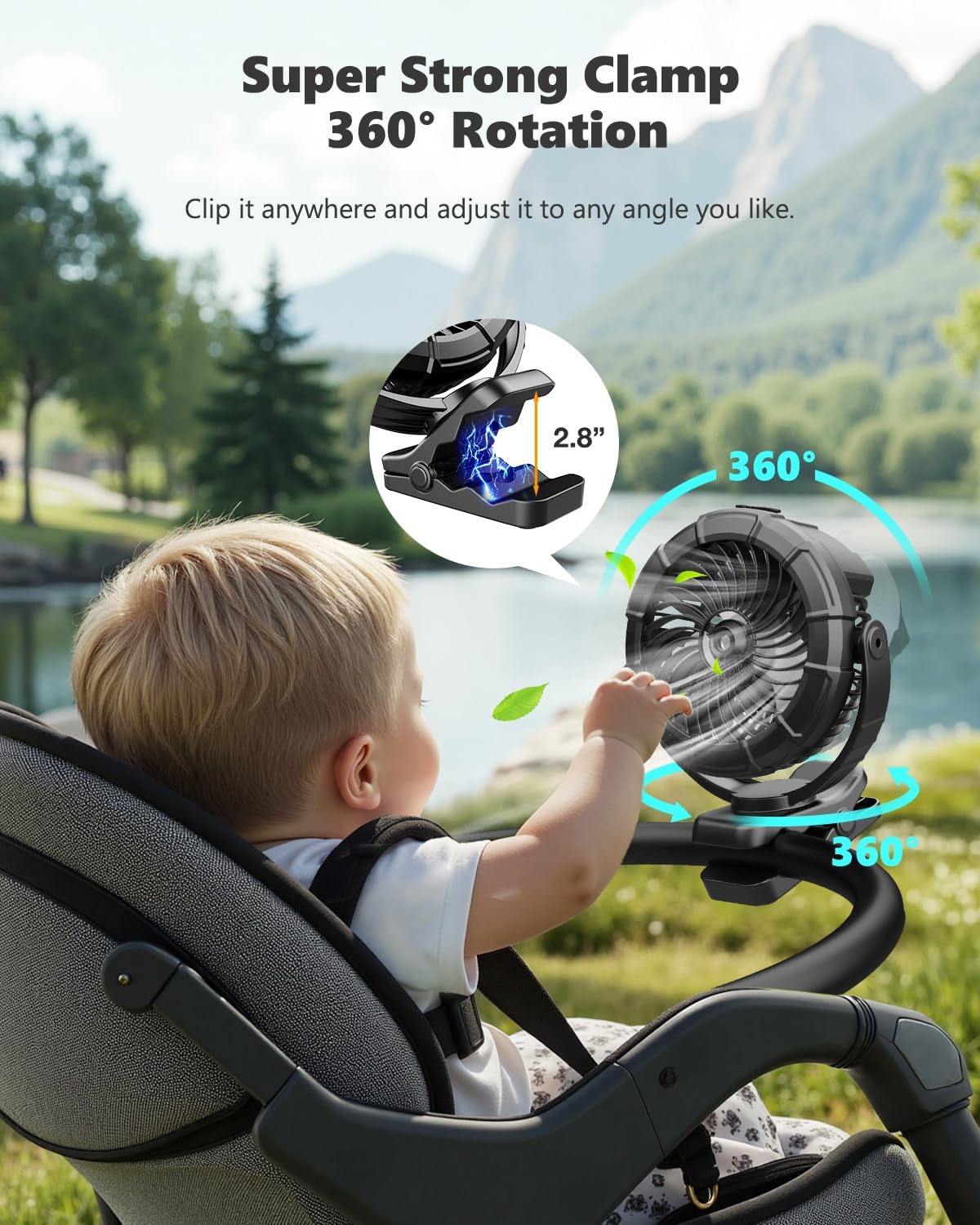 Ausic 3-in-1 Portable Clip on Fan with Misting & LED Lights & Hook, 100ML Baby Stroller Fan, 5200mAh Rechargeable Battery Operated & 360° Rotation & 3 Speeds for Table Outdoor Travel Camp Golf Cart