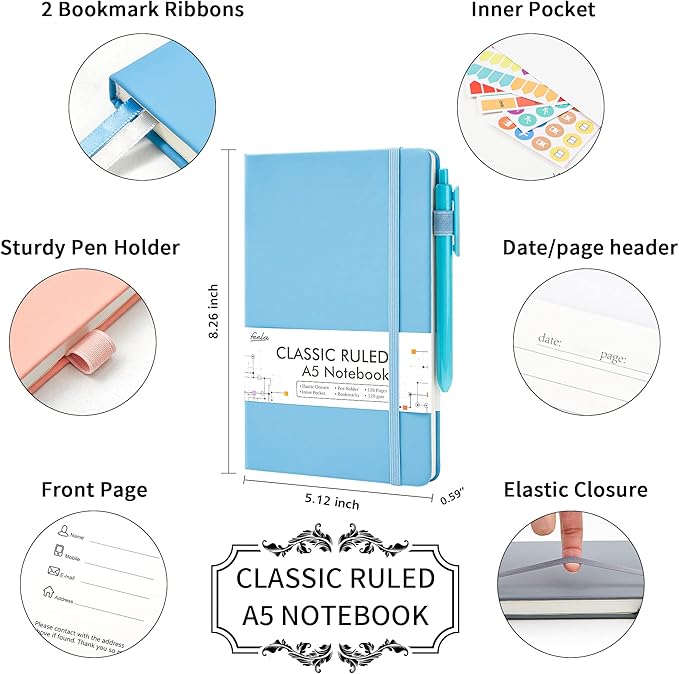 feela 5 Pack Notebooks Journals Bulk, Hardcover Classic Ruled Lined Journals with Pen Holder for Women Girls School Business Supplies, with 5 Black Pens, 120 GSM, 5.1”x8.3”, A5, Mild Colors
