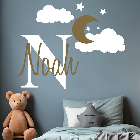 e-Graphic Design Inc Custom Name & Initial Moon Clouds Stars - Baby Boy - Nursery Wall Decal for Baby Room Decorations - Mural Wall Decal for Home Children's Bedroom (MM109) (Wide 42" x 32" Height)