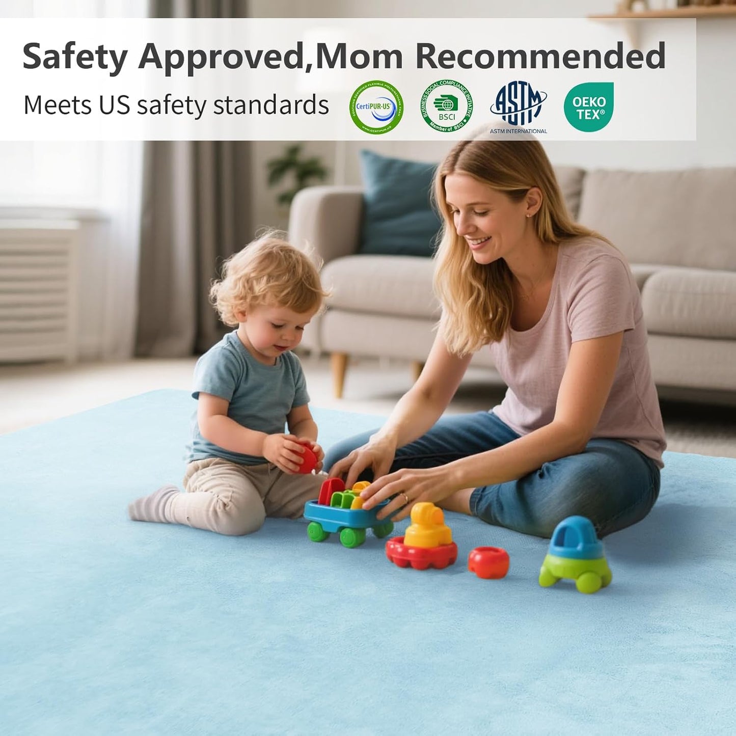 Baby Play Mat for Floor,1.3" Thick Elasti-Foam 50"×74" Playpen Mat for Tummy Time,Water Repellent Soft Coral Velvet for Toddler,Infant,Kids,Non-Slip Backing Safe for Crawling(Light Blue)