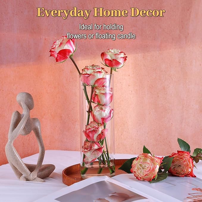 12pcs Glass Cylinder Vases for Centerpieces | 10 Inch Tall Flower Vase for Wedding Decorations, Floating Candle Holders for Dinner Table, Bridal Shower, Office Home Décor