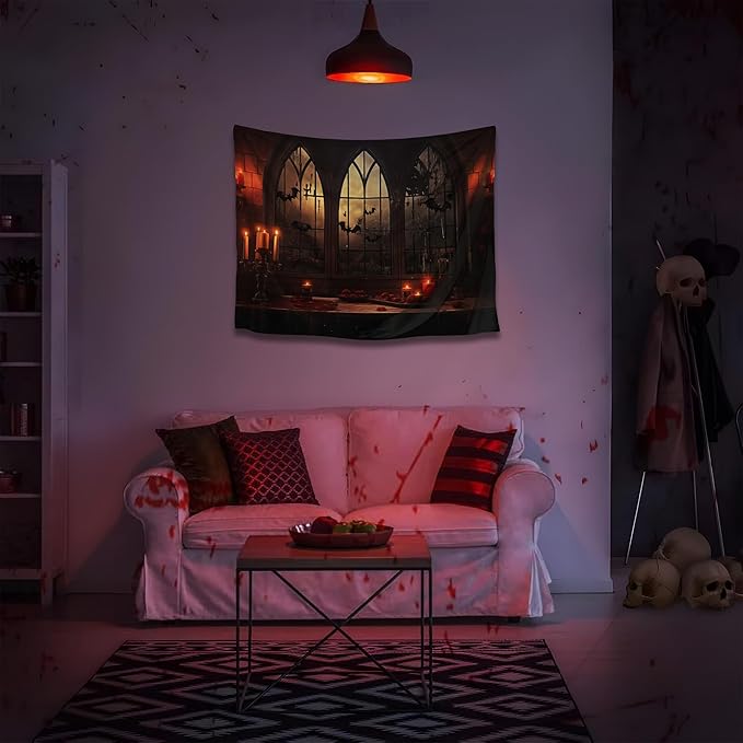 QGHOT Halloween Tapestry Wall Hanging Horror Castle Window Tapestry Gothic Spooky Backdrop Vampire Medieval Tapestries for Bedroom Living Room Dorm Wall Art Decor (28.7"x37.4")