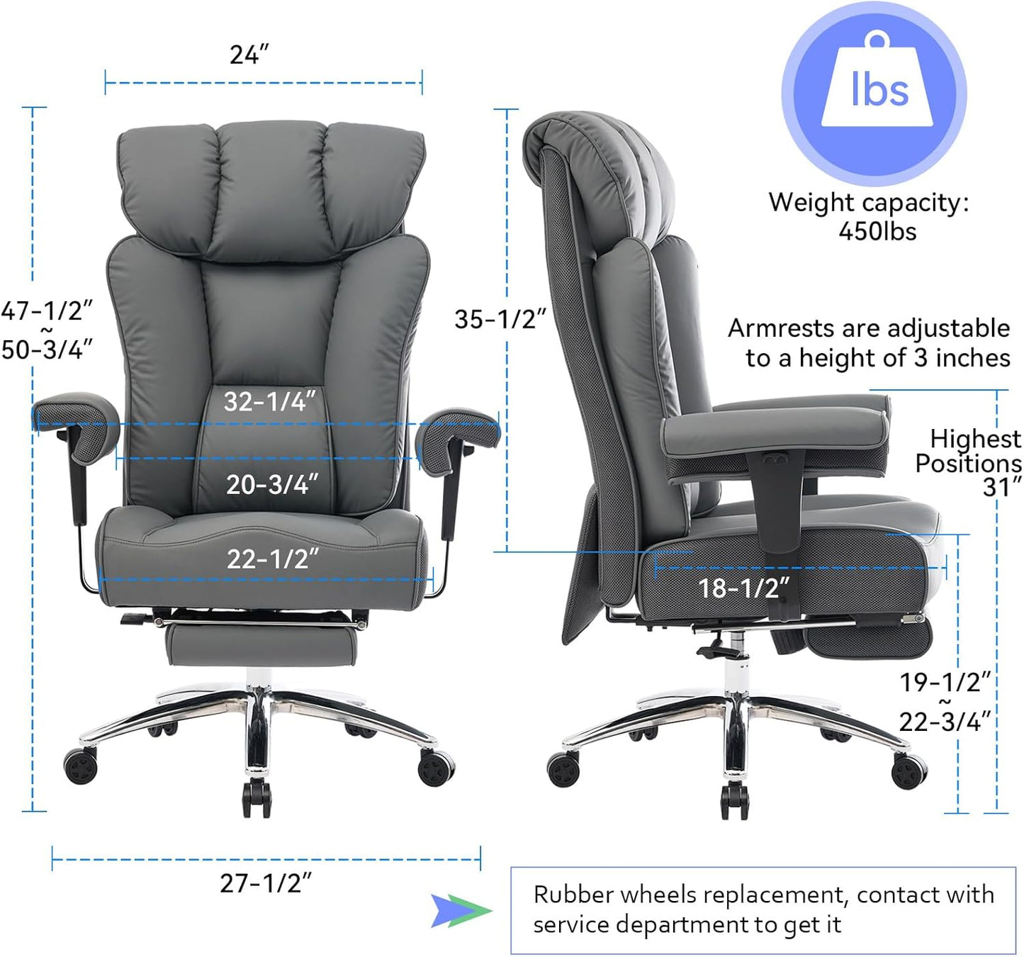 Efomao Big and Tall Office Chair 450LBS with Foot Rest, High Back PU Leather Executive Chair with Adjustable Padded Armrests, Lumbar Support for Home or Work, Heavy Duty Computer Chair, Grey