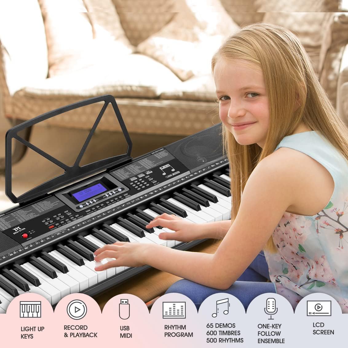 Piano Keyboard, Electric Keyboard Piano with light-Up Key, 255 Tones & Rhythms, Smart Learning System, Headphone/Mic, Stand, Bench, 61 Key Piano Keyboard for Beginners, Kids (Black-1)