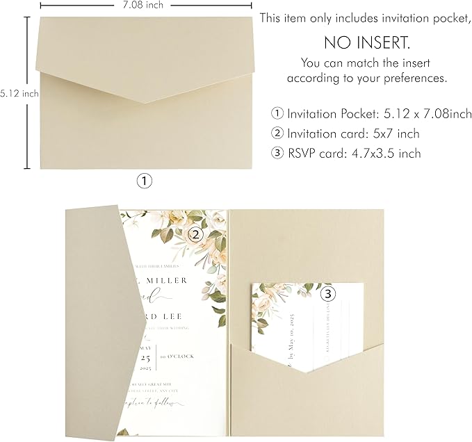 20 PCS Champagne Tri-fold Laser Cut Wedding Invitation Pockets for 5x7 Wedding Cards Bridal Shower Engagement Quinceanera Invitation