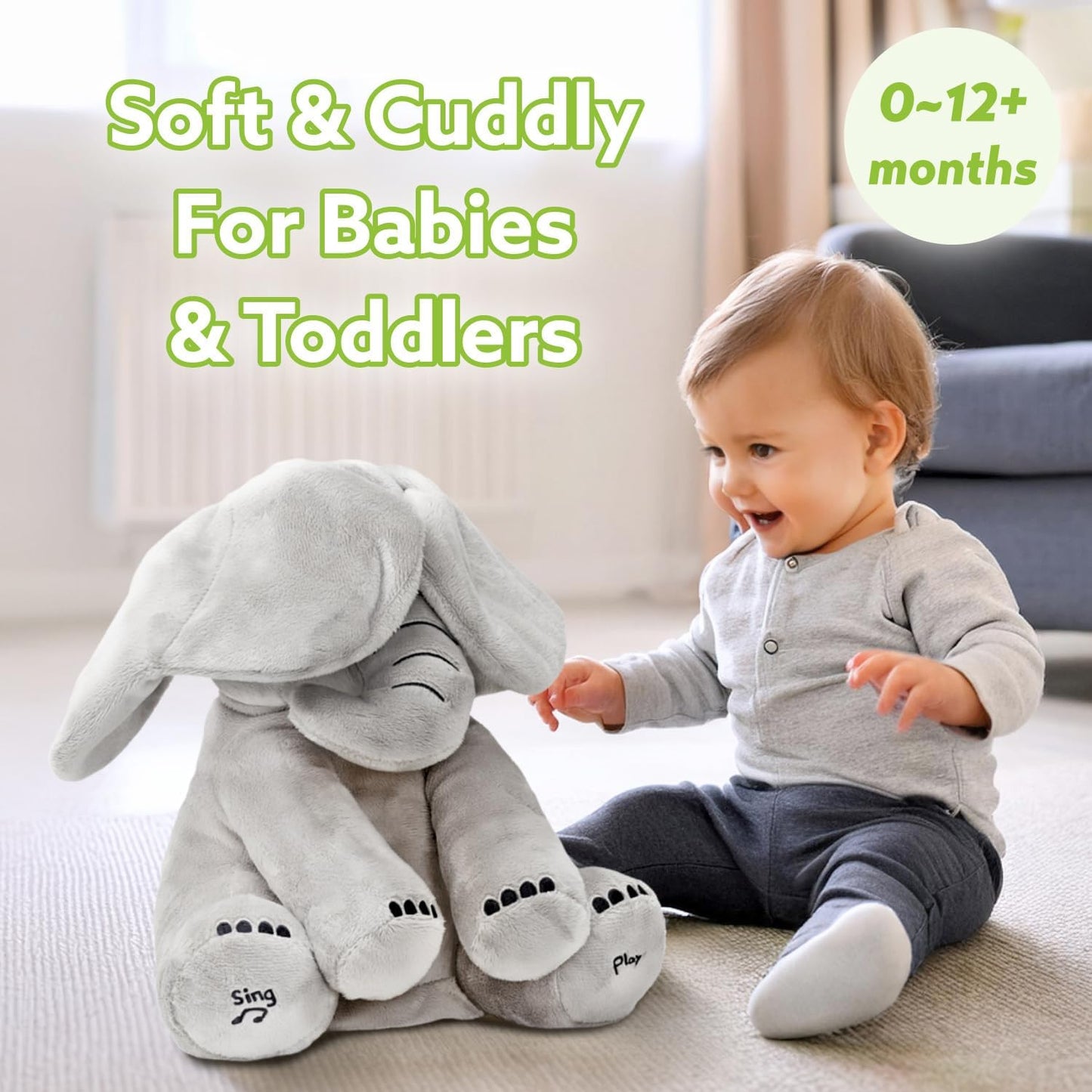 Tippi Peek a Boo Elephant Toy - Interactive Singing Elephant Teddy with Flapping Ears - for Newborn Baby Boys or Girls - Peekaboo Soft Toy for Babies 0-12 Months +