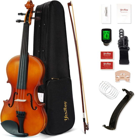 Violin 4/4 Full Size Kit for Adults Beginner, Violin Fiddle Set for Student with Rosewood Bow, Extra Strings&Bridge, 2 rosins, Tuner, Fingerboard Stickers, Shoulder Rest, Case (Plywood)