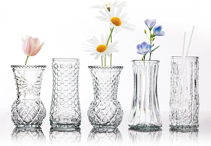 Glass Bud Vase, Transparent Cylindrical, Vintage Style, Wedding Centerpiece (Clear, 5 Pcs)