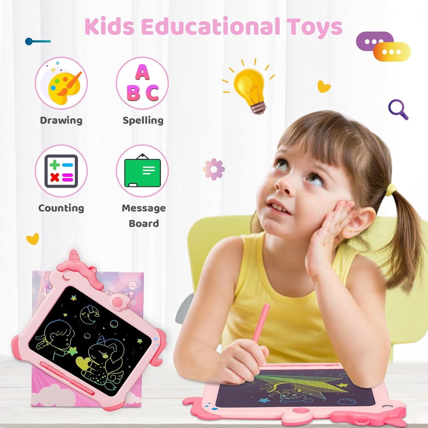 Kikapabi LCD Writing Tablet for Kids, Unicorn Colorful Screen Doodle Board, Electronic Drawing Pad, Educational Toy, Toddlers Travel Toy, Christmas Birthday Gift for 3 4 5 6 7 Year Old Girls Pink