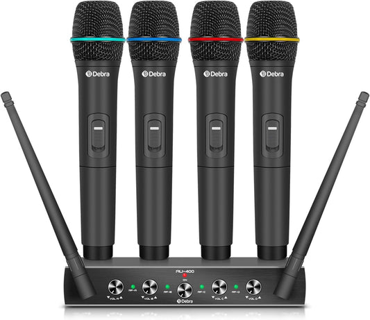 Debra Audio Pro UHF 4 Channel Wireless Microphone System with Cordless Handheld Lavalier Headset Mics, Metal Receiver, Ideal for Karaoke Church Party (with 4 Handheld (A))