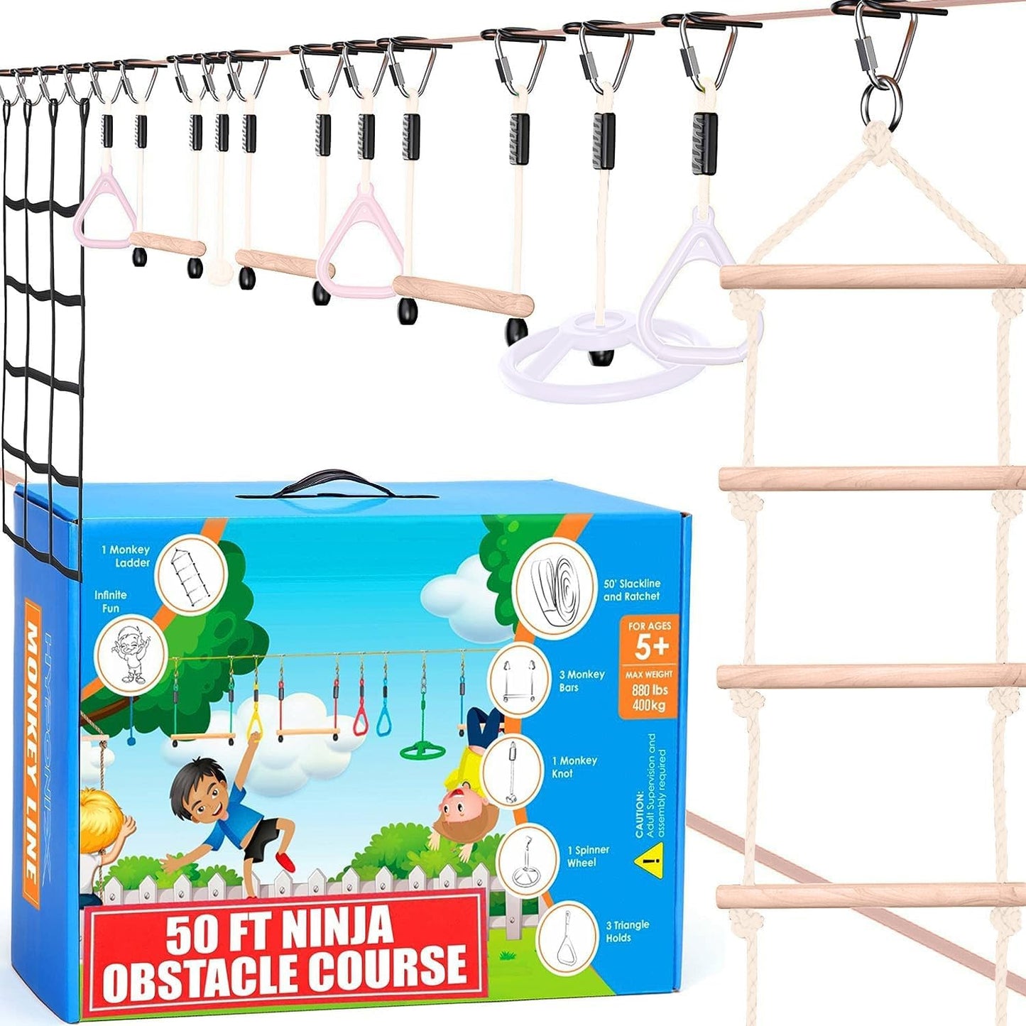 Ninja Warrior Obstacle Course for Kids – 2 x 50 ft Slacklines with 10 Weatherproof Obstacles – Monkey Net, Ratchet-Tight Technology, Supports Up to 880 lbs – Climbing & Swinging Equipment