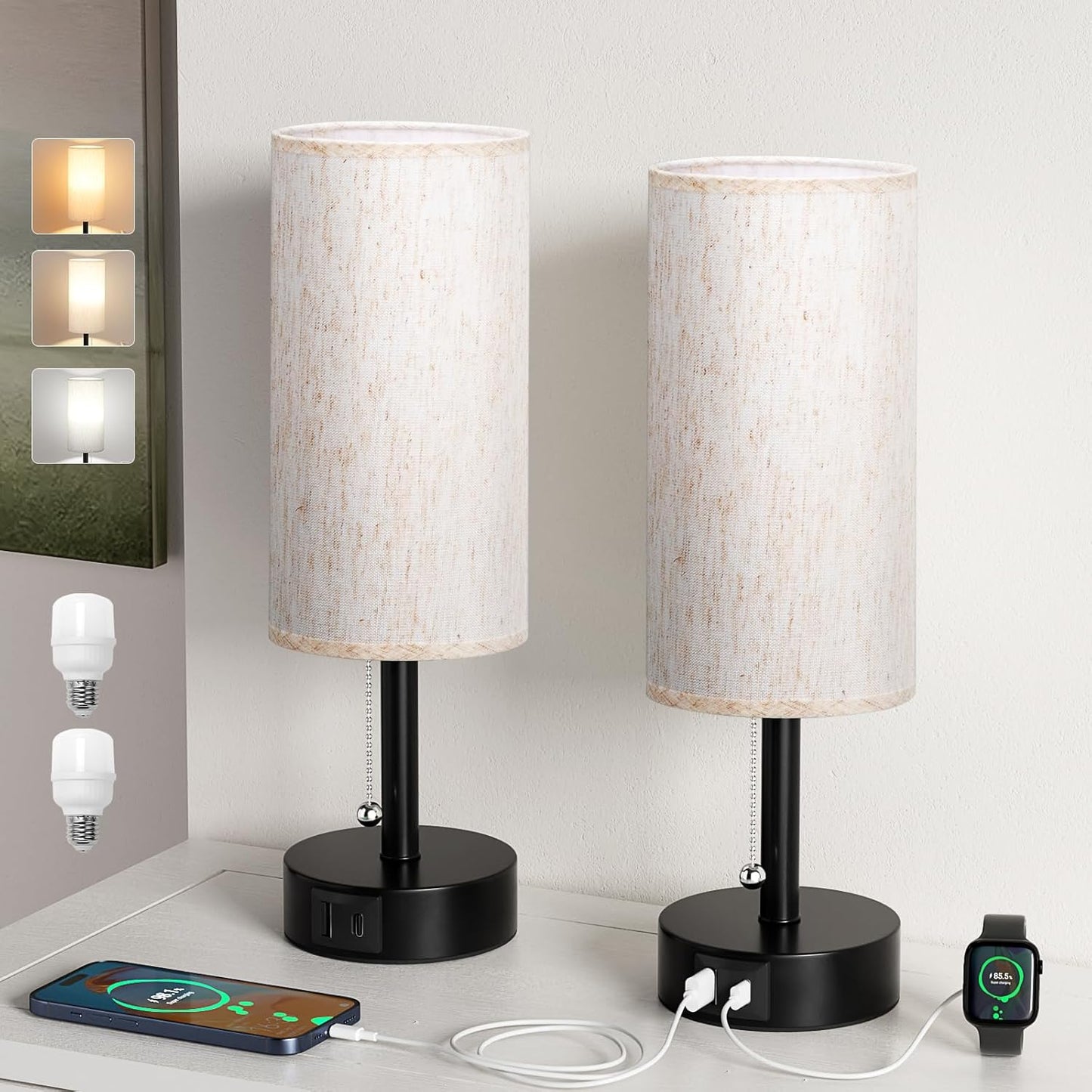 USB Bedside Table Lamps Set of 2-3 Color Temperatures Pull Chain Lamp with USB C and A Charging Ports, Round Night Stand Lamps for Bedroom