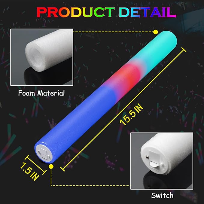 35 Pcs Foam Glow Sticks Bulk, LED Light Up Foam Sticks, Glow in the Dark Party Supplies for Adults Wedding Halloween Birthday Christmas Rave Party Favors 3 Flash Modes
