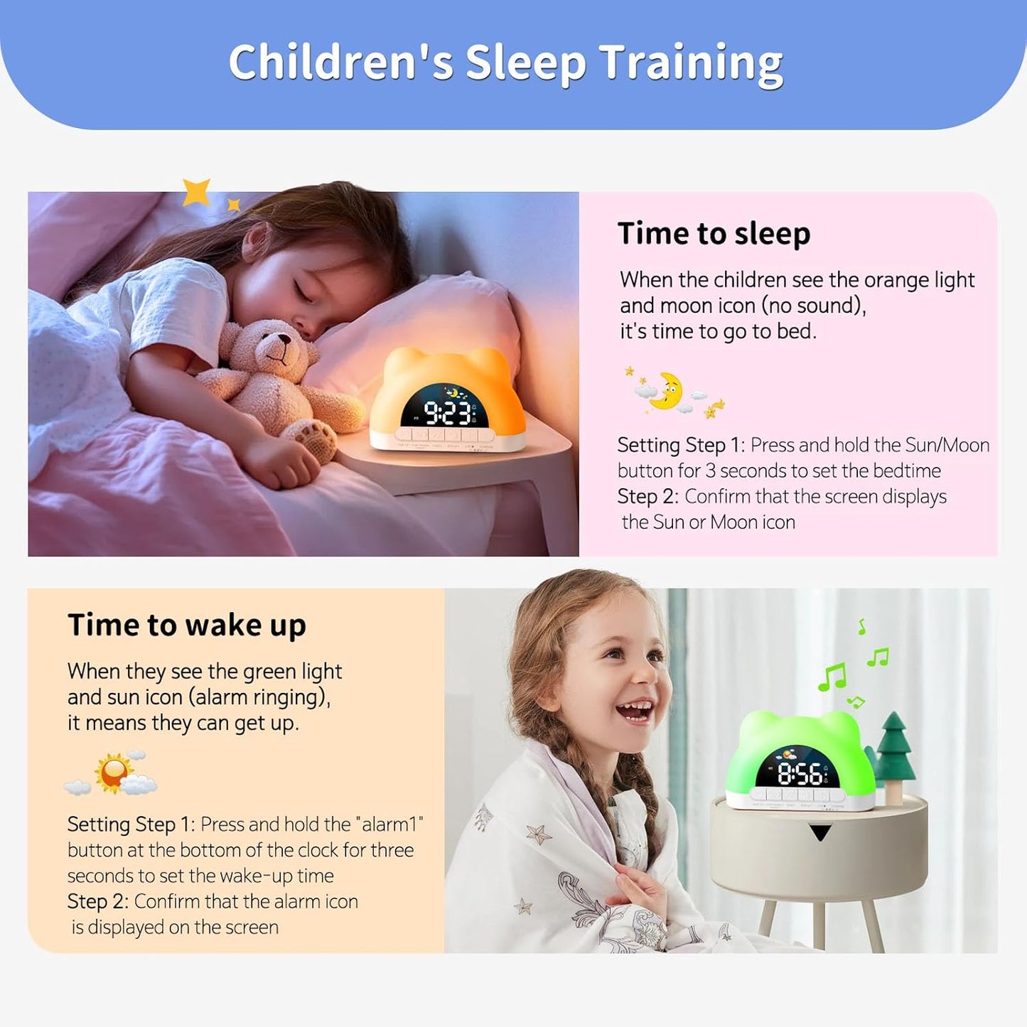 Hournor Kids Alarm Clock, Ok to Wake Alarm Clock for Kids, Toddlers Sleep Training Clock with 12 Colors Night Light for Bedroom, Sound Machine, Birthday Gift for Boys Girls Children(Adapter Include)