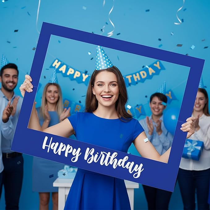 32 x 24 Inch Large Photo Booth Props Picture Frame Happy Birthday Party Frame DIY Cutouts Photo Booth Props Selfie for Party Supplies Favors (Horizontal,Blue White)