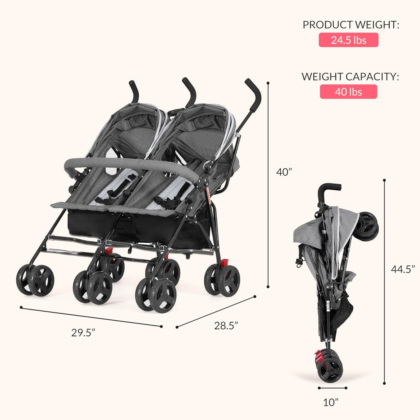 Dream On Me Volgo Twin Umbrella Stroller in Gray, Lightweight Double Stroller for Infant & Toddler, Compact Easy Fold, Large Storage Basket, Large and Adjustable Canopy