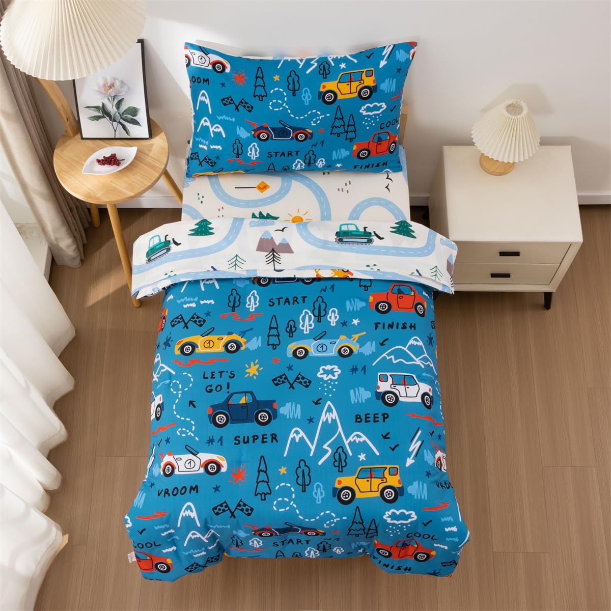 NTBED 4 Pieces Racing Car Toddler Bedding Set for Baby Boys, Hill Vehicles Transportation Printed, Includes Comforter, Flat Sheet, Fitted Sheet and Pillowcase,Blue