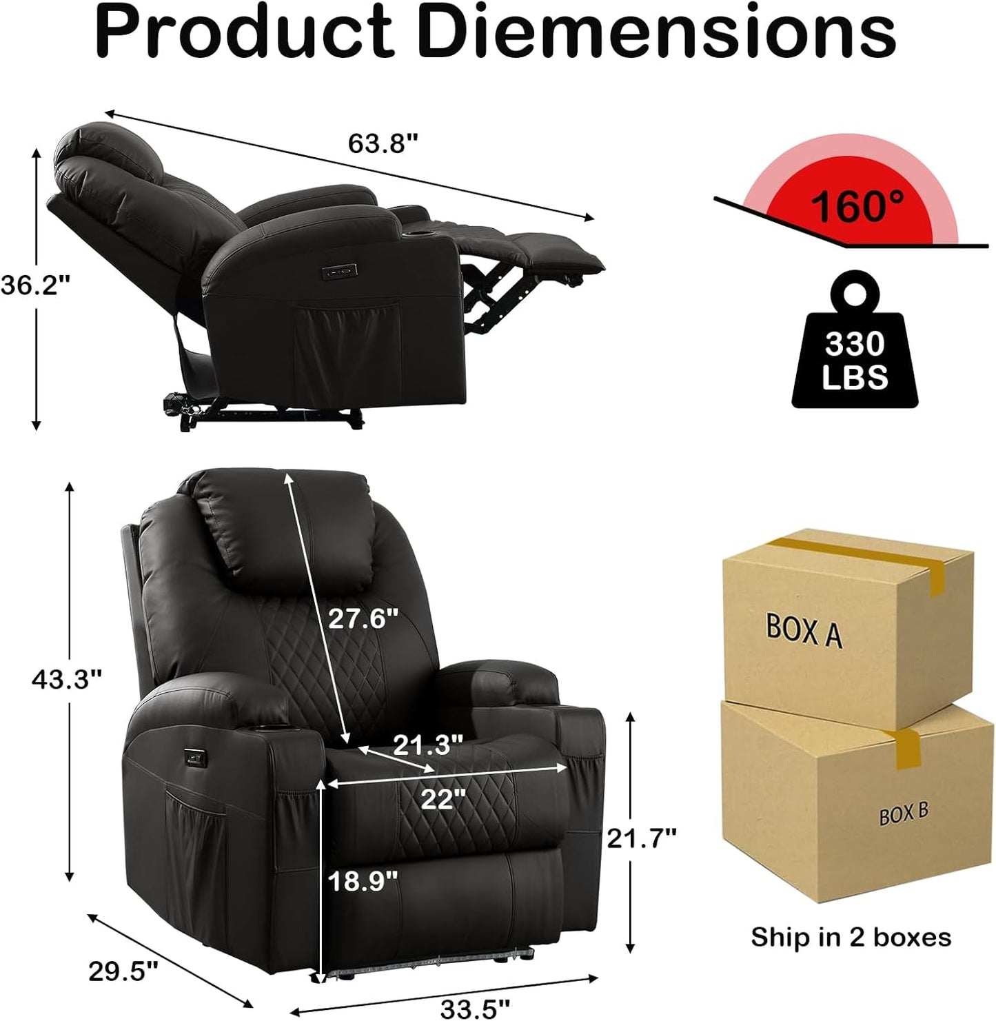 Power Recliner Chair with Heat and Massage for Adults - Home Theater Seating with LED Lights,Cup Holders,Side Pocket,USB Port - Recliner Sofa for Living Room(Black, Single Recliner)
