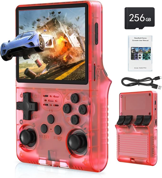 FVBADE[30000 in 1] R40S PRO Handheld Game Console 3.5 inch IPS Screen Mini Retro Console 3800mAh Portable Pocket Arcade 45+ Mainstream Emulator 256G TF Card Transparent.(Red)