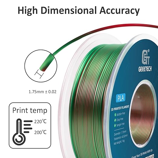 Geeetech Silk PLA Filament 1.75mm Silk Dual Color Filament, Coextrusion Dichromatic Metal-Like Shiny Consumable 1kg (2.2lbs) 1 Spool, Dimensional Accuracy +/- 0.02 mm, Green Red