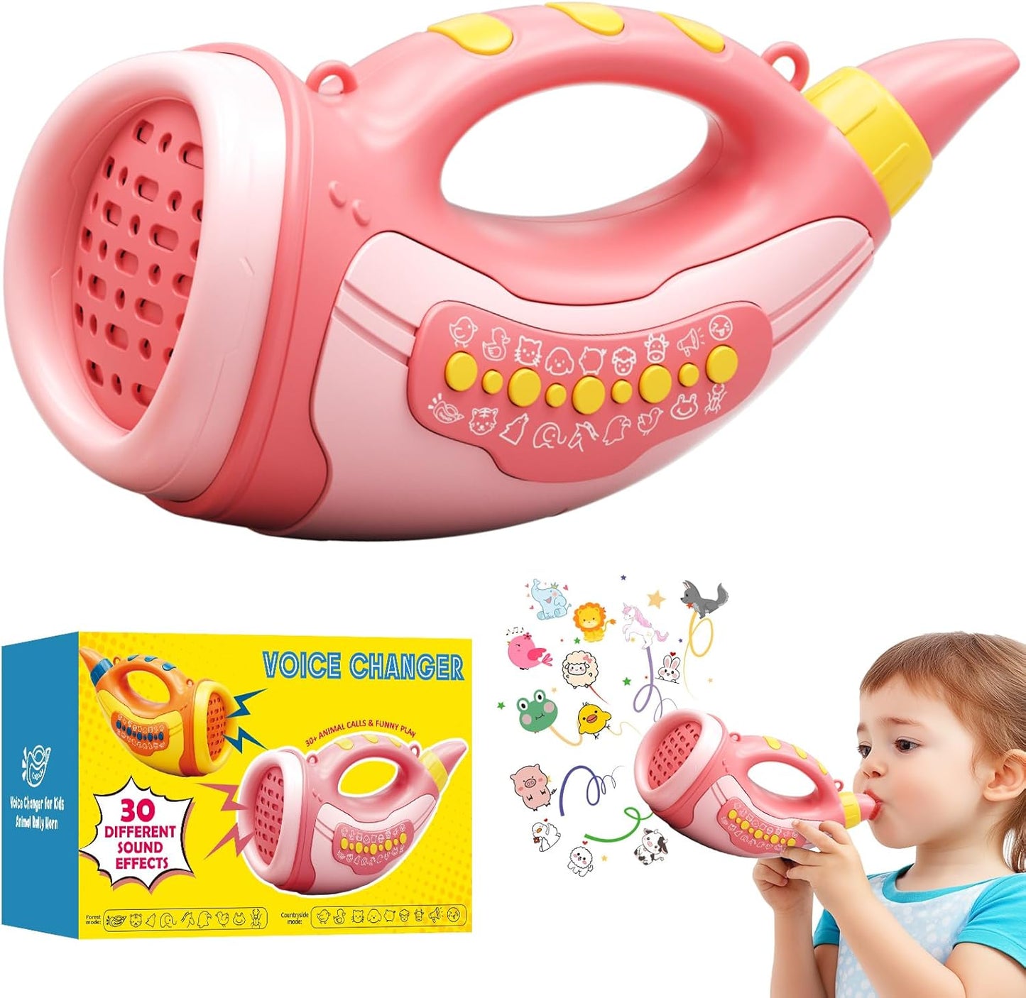 Voice Changer Toy for Kids 5-7: Animal Sounds Horn 30 Fun Sound Effects & Lights Voice Changer Device Kids Hunting Toys Nature Exploration Outdoor Toys for Boys Girls Ages 3-8 Olds, Pink