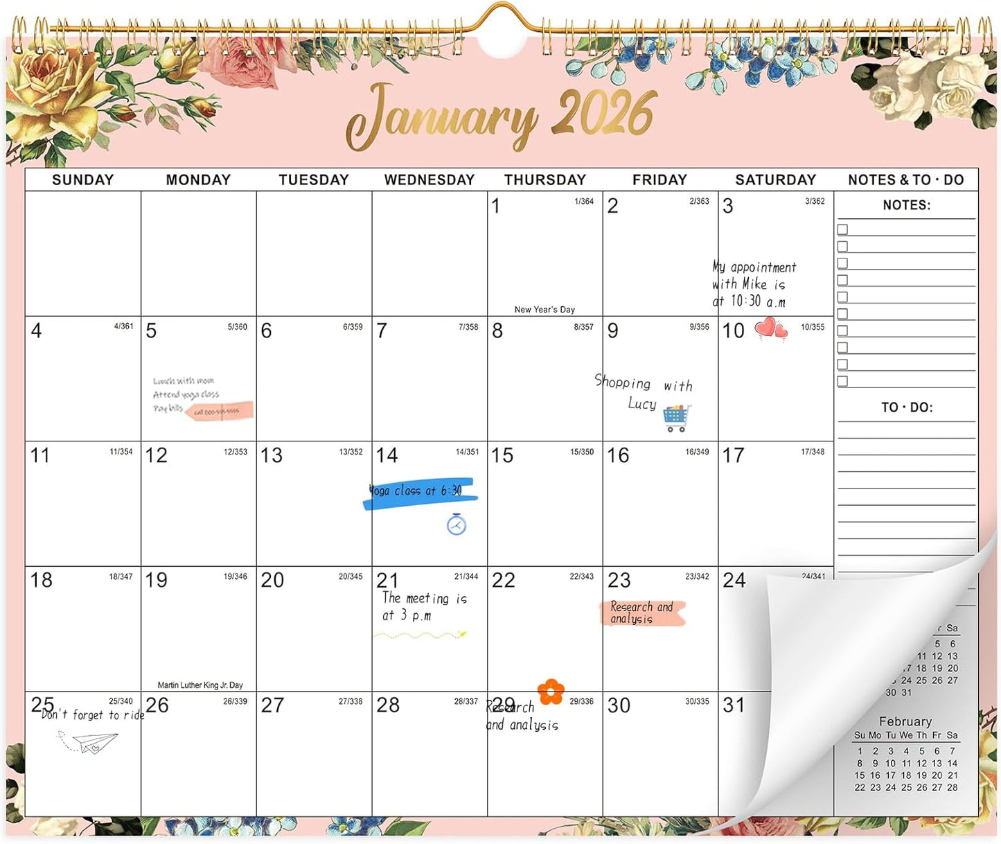 Wall Calendar 2026-2027, 18 Month Large Desk Calendar from January 2026 to June 2027 14.5" x 11.8" Monthly Calendar with Twin-Wire Binding for Home Office Planning Organisers, Flower Design