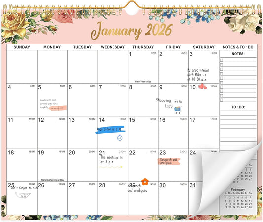Wall Calendar 2026-2027, 18 Month Large Desk Calendar from January 2026 to June 2027 14.5" x 11.8" Monthly Calendar with Twin-Wire Binding for Home Office Planning Organisers, Flower Design