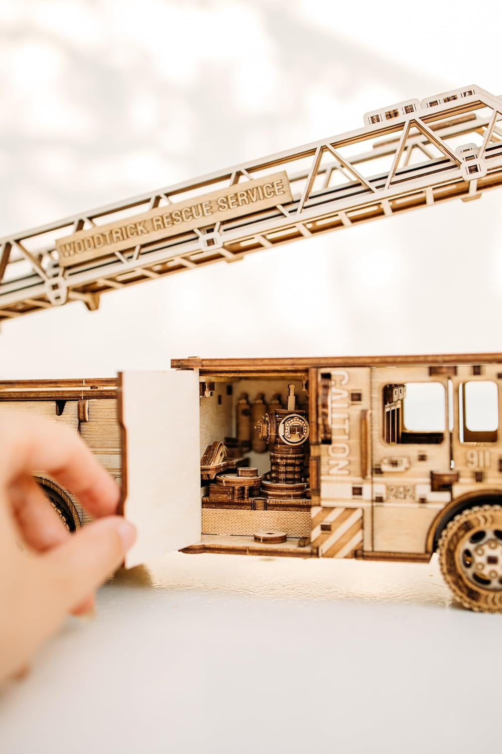 Wood Trick Rescue Firetruck Movable - Rotating Extendable Ladder - 3D Wooden Puzzles for Adults and Kids to Build - Rides up to 20 ft - Wooden Models Engineering DIY Project Mechanical Model Kit