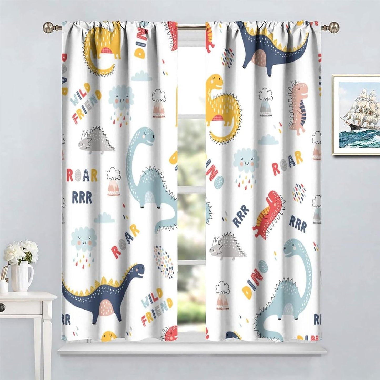 Cartoon Dinosaur Curtains for Kids Boys Girls Home Decor Colorful Cute Dino Animals Print Pattern Rod Pocket Blackout Window Drapes for Nursery Baby Bedroom Playroom W36xL63in 2 Panels
