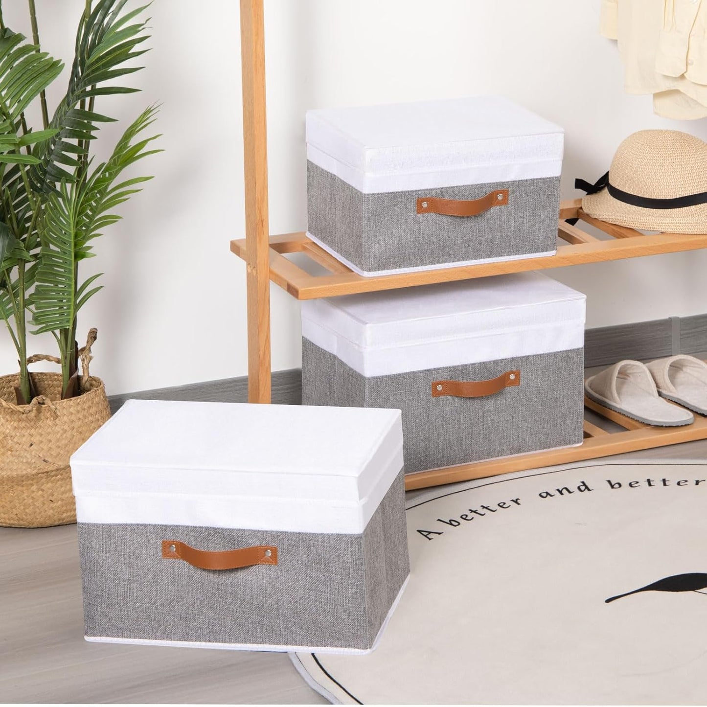 Fabric Storage Boxes with Lids, Linen Foldable Cloth Baskets, Closet Organizer Containers with Double Handles, Sweater Bins for Bedroom, White and Grey, 5 Pack, 13 x 9.1 x 7.9 Inch