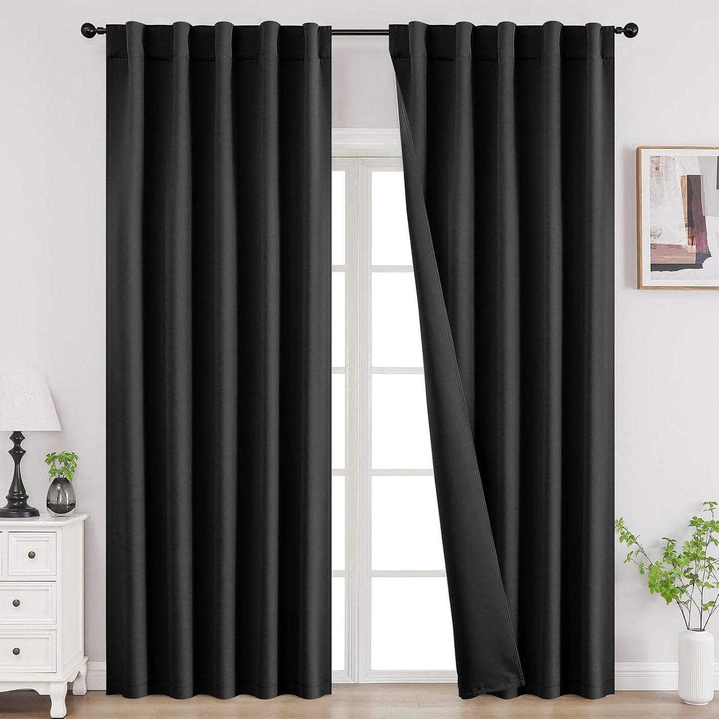 Joydeco 72 Inch Blackout Curtains for Bedroom, Thermal Insulated Black Out Curtains, Room Darkening Drapes for Living Room Window Rod Pocket Back Tab (W37 x L72 Inch, Black)