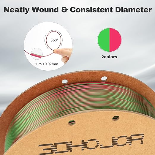 Silk PLA Filament 1.75mm Red Green Dual Color PLA 3D Printer Filament 2 in 1 Coextrusion 1KG Spool(2.2lbs) 3D Printing Filament Dimensional Accuracy +/- 0.03mm Fits for Most FDM 3D Printers