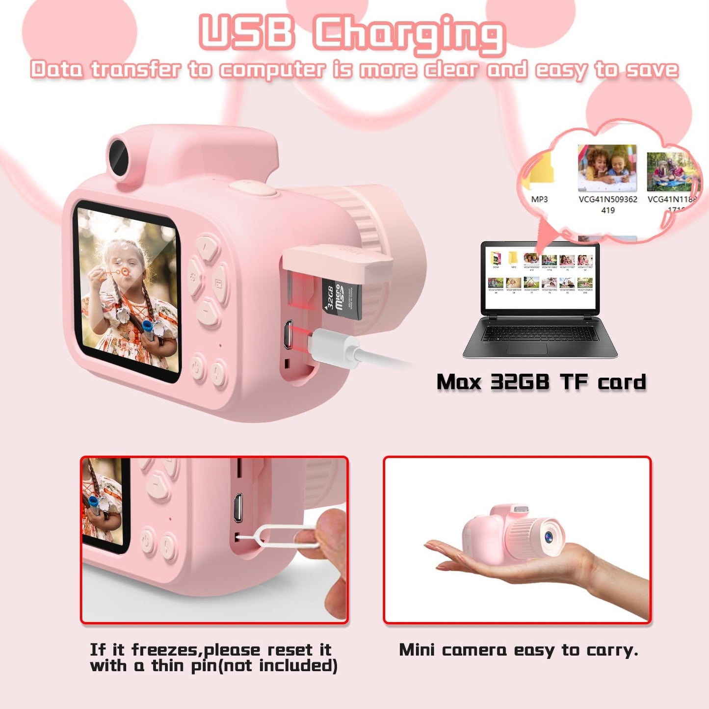 Temodu Kids Camera, Best Birthday Festival Toys Gifts for Girls Boys Age 3 4 5 6 7 8 9 10 11 12 Year Old, Digital Camera for Kids with Video, Toy Camera Toddler Camera for Girls with 32GB Card - Pink