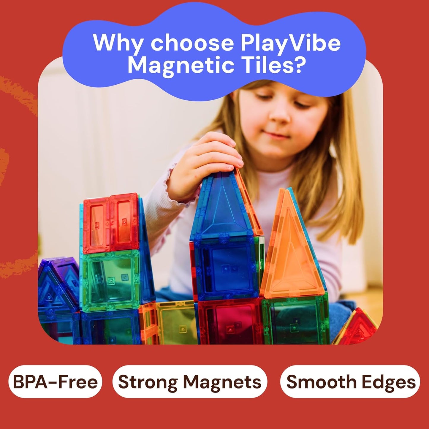 PLAYVIBE Magnetic Tiles 60 Pcs - 3D Magnet Toys for Kids 3+ - STEM Building Blocks - Toddler Learning Essential for Home & Classroom, Boys & Girls - Sensory Toys - Magnetic Blocks