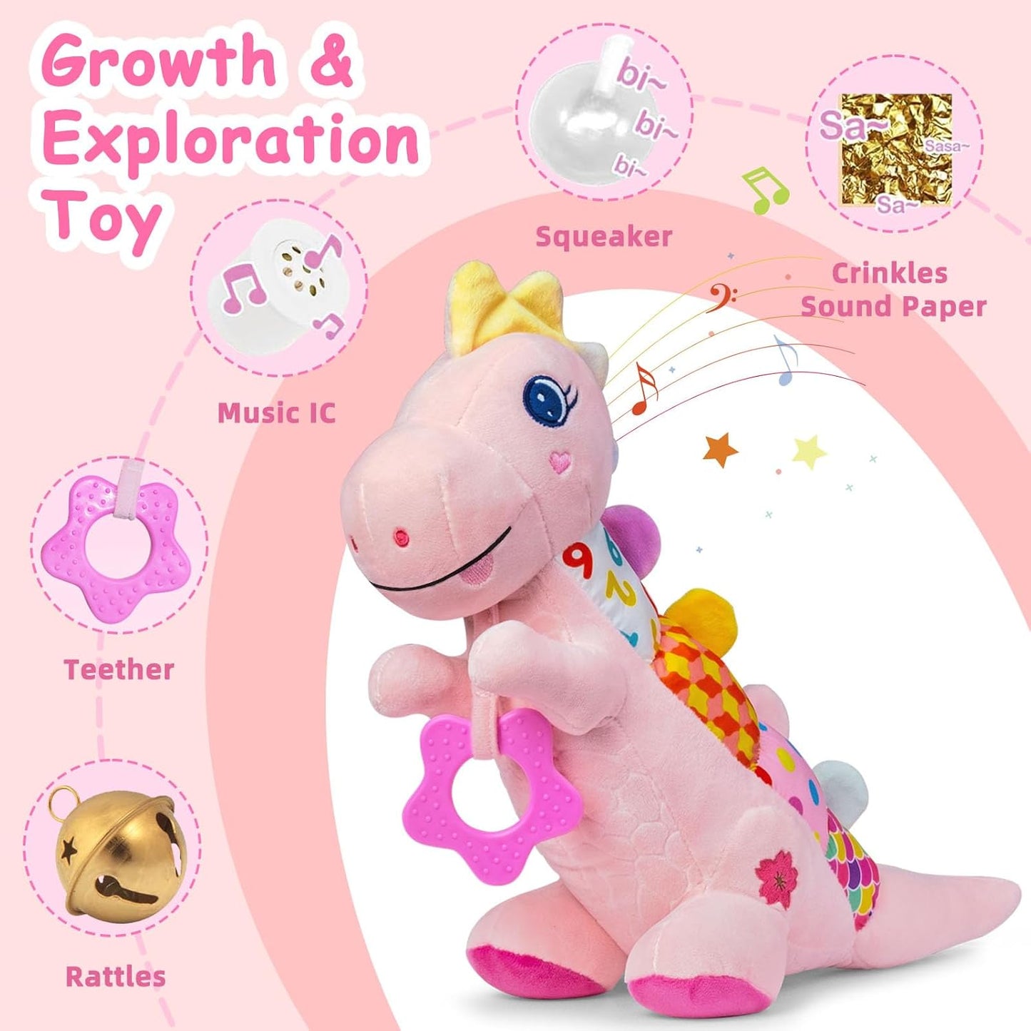 Baby Dino Plush Soft Stuffed Animal Toy for 0-3-6-12+ Months,Infant Musical Toy with Rattle,Squeaker,Sensory Crinkle,Teether & Textures,Tummy Time Toys Christmas Baby Gift for Newborn Girl(Pink)