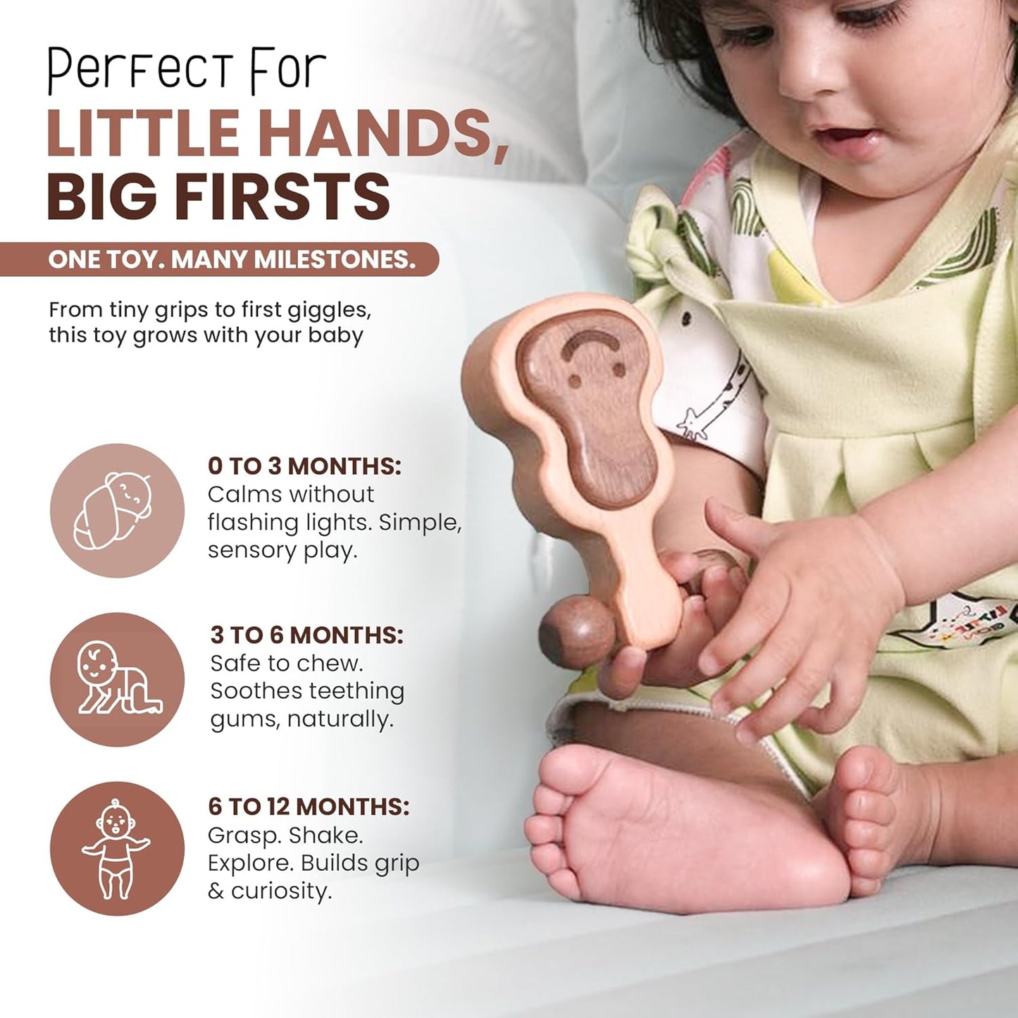 Wooden Teething Toys for Baby 0-6 Months – Organic Natural Non-Toxic Handmade Teether with Beads & Rattle for Soothing Relief – Montessori Sensory Toy for Babies, Infant Boy & Girl