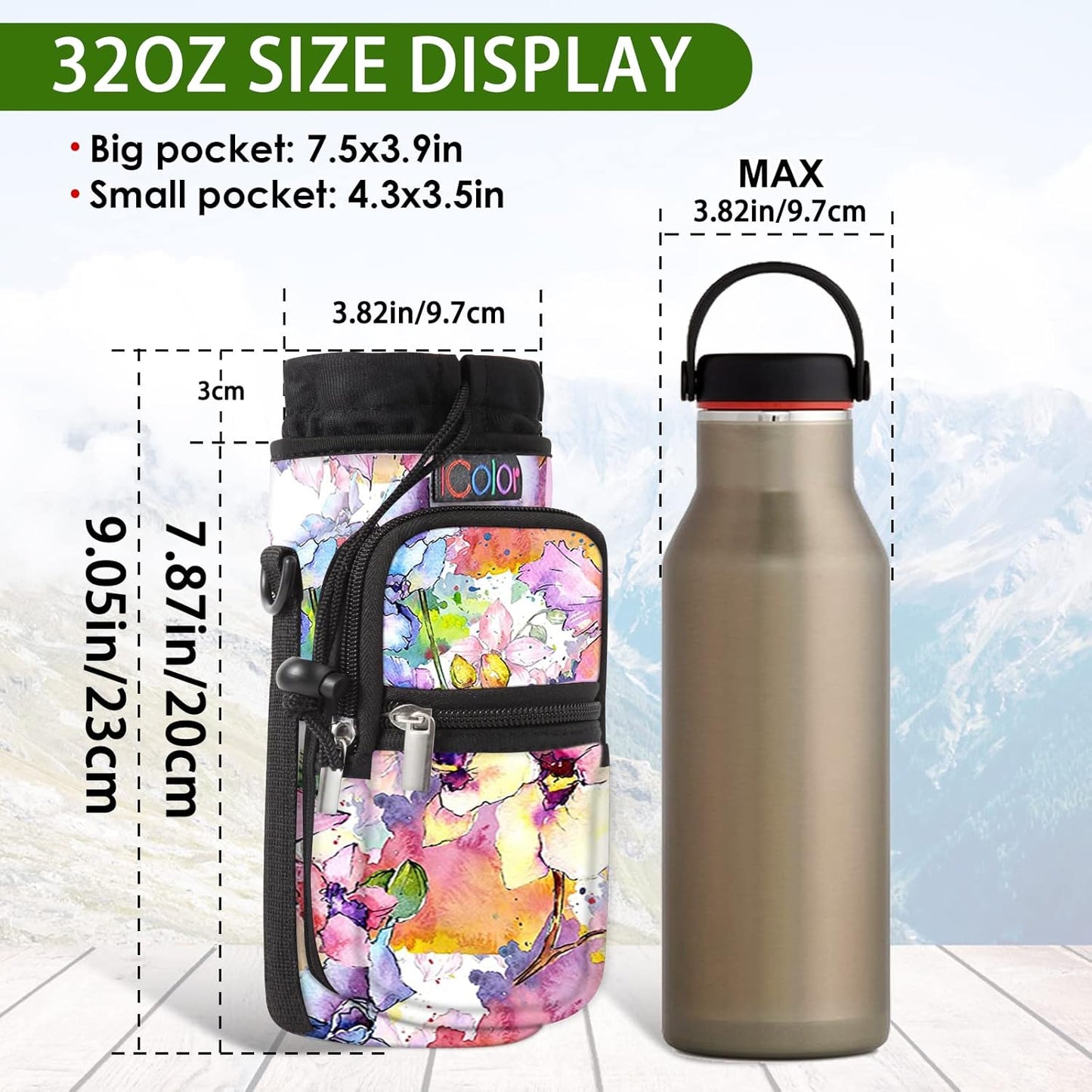 icolor Water Bottle Carrier Bag with Strap 25/32/40 oz Crossbody Bottle Holder with Phone Pocket Sling Sleeve Insulated Neoprene Water Bottle Pouch for Walking Travelling